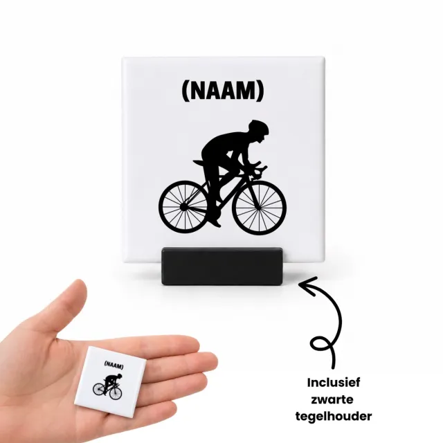 Hacebo wielrenner met je eigen naam tegeltje met tegelhouder - Wielrennen - sport liefhebbers - tegeltjes met tekst - mensen die houden van wielrennen - verjaardagscadeau - verjaardag - cadeau - kado - geschenk - gift - spreuktegels - 4.8x4.8 CM Wit