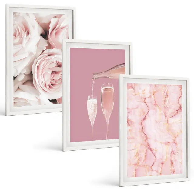 TULUP 3-Delige Schilderij Set - Champagnekleurige rozen en een pastelkleurige marmeren achtergrond - 40x60 - Wanddecoratie - Schilderijen Set - Kantoor - Moderne Wanddecoratie Witte lijst
