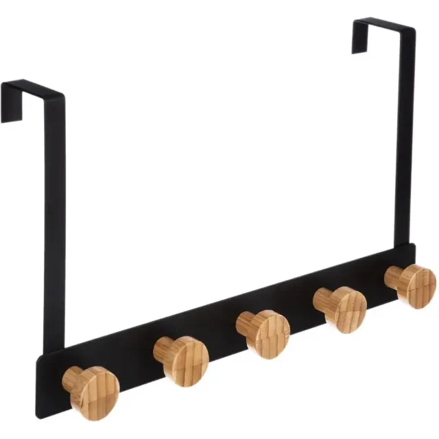 5Five® 5Five Deur ophang kapstok - met 5 ophanghaken/knoppen - zwart/beige - B33 x H20 cm - metaal/bamboe