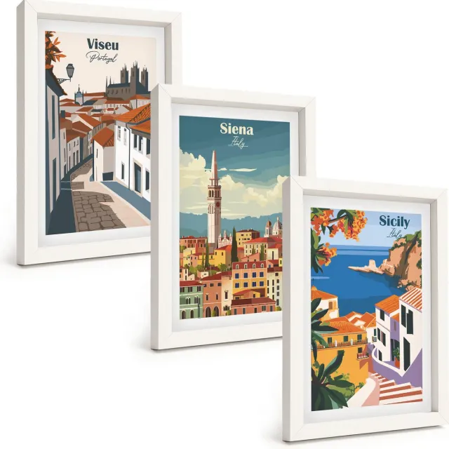 TULUP 3-Delige Schilderij Set - Retro-illustraties van beroemde steden over de hele wereld - 20x30 - Muurdecoratie - Wanddecoratie - Hal - Decoratieve Schilderijen Witte lijst