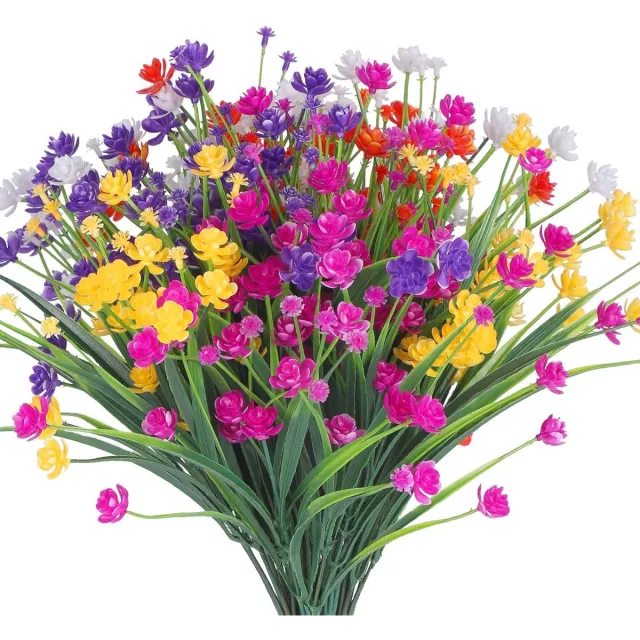 Gotrays 12 bundels kunstmatige buiten nep bloemen UV-bestendige struiken planten, Faux Plastic Greenery Gypsophila voor binnen buiten opknoping planten tuin veranda venster vak Home bruiloft boerderij decor Wit + Geel + Rood + Paars + Fuchsia + Roze