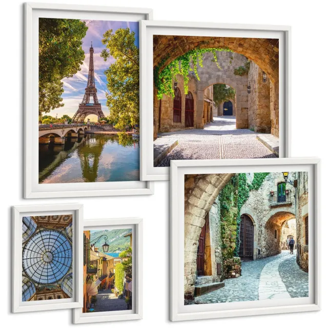 TULUP 4-Delige Schilderij Set - Betoverende uitzichten op Europese steden en architectuur - 50 x 50 cm, 20 x 30 cm en 40 x 60 cm - Stijlvolle Muurdecoratie - Kantoor - Moderne Wanddecoratie Witte lijst