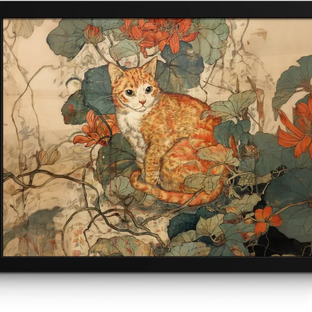 FrameYourWall Poster in lijst - Fotolijst 40x30 cm - Posters - Kat - Sierlijk - Bloemen - Posterlijst zwart - Decoratie - Wanddecoratie woonkamer - Muurdecoratie slaapkamer Kat - Bloemen