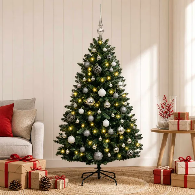 vidaXL Kunstkerstboom donkergroen met kerstballen 150 cm 150 LED's