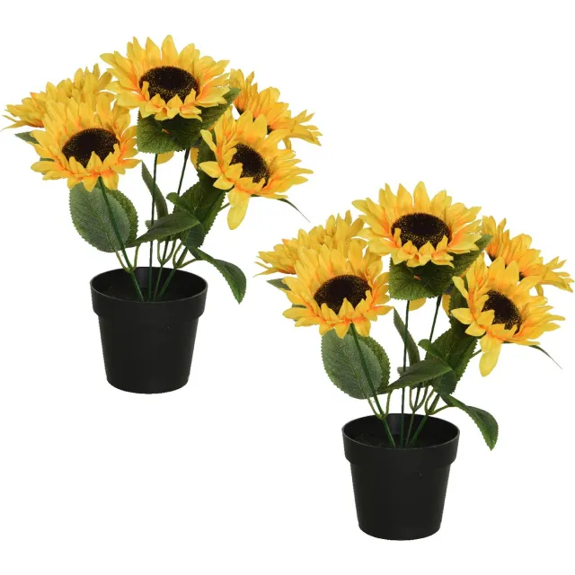 Everlands kunst zonnebloemen in pot - 2x stuks - 25 x 25 x 28 - geel