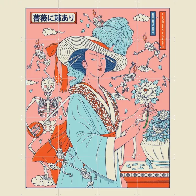 IXXI Flowers x Death, Ryan Ragnini - 80 x 100 cm - Grote wanddecoratie en posters - Speels, Digitale Kunst, Ukiyo-e, Grafisch Ontwerp, Kleurrijk Roze