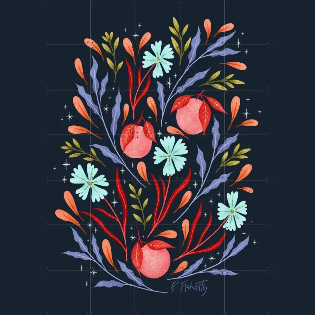 IXXI Wild Flowers and Oranges Coral, Rebecca Flaherty - 100 x 140 cm - Grote wanddecoratie en posters - Speels, Illustraties, Eetkamer, Keuken Rood / Donkere tinten