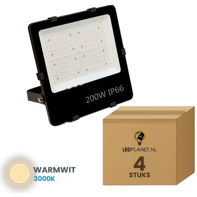 Tsong LED schijnwerper 200W - 4 stuks - Warmwit 3000K - 28.000 lm - 140 lm/W - 90° - IP66