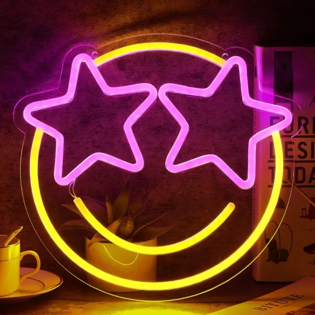 Daity 1 stuk - Neonlicht met smileygezicht - LED-neonlicht - wanddecoratie - dimbaar neonlicht - geschikt voor slaapkamer - speelkamer - bardecoratie - geel en roze gloeiend neonlicht - geschikt voor bruiloften en verjaardagsfeestjes (33*31cm)