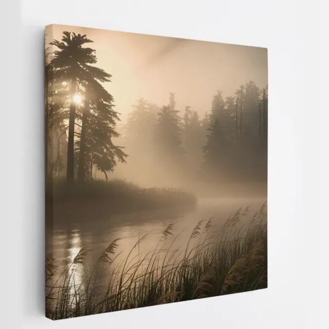 Saammp Canvas Schilderij - Water bij mistig Landschap - Natuur - 60x60 - Foto op canvas - Wanddecoratie - Muurdecoratie Woonkamer - Slaapkamer decoratie - Canvas Print Multicolor