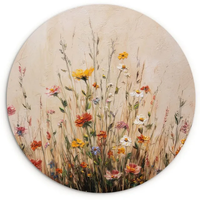 WallCircle Wandcirkel 140x140 cm - Muurcirkel Wilde bloemen - Penseelstreken - Rustgevend - Muurdecoratie woonkamer - Wanddecoratie slaapkamer - Kamer decoratie accessoires - Ronde schilderijen