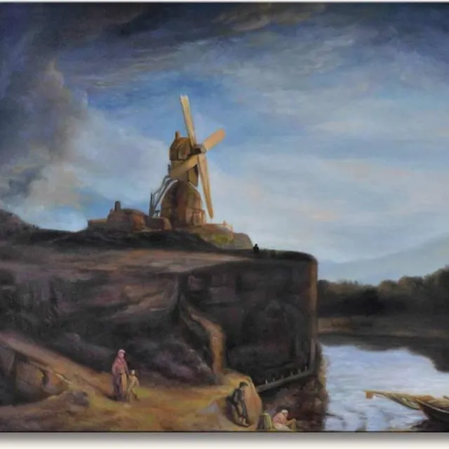 Grootmeesters ® Handgeschilderd schilderij Olieverf op Canvas - Rembrandt van Rijn 'Molen bij Gorkum' blauw