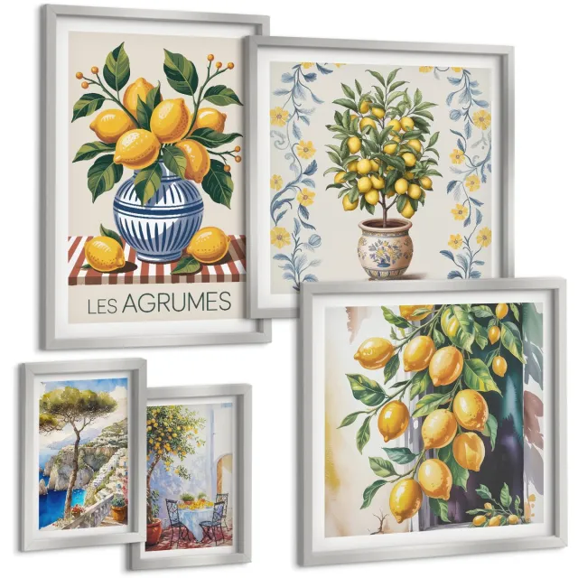 TULUP 4-Delige Schilderij Set - Citrusinspiratie in mediterrane stijl - 50 x 50 cm, 20 x 30 cm en 40 x 60 cm - Wanddecoratie - Woonkamer Decoratie - Interieur Decoratie Zilveren lijst
