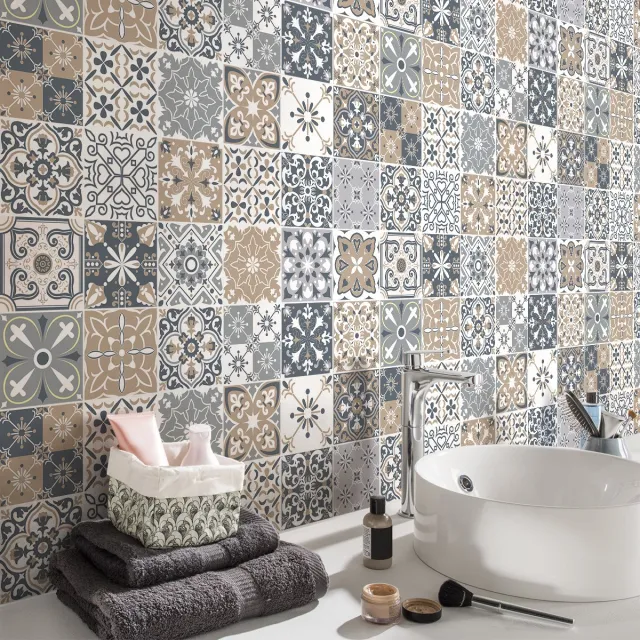 Ambiance Sticker Zelfklevende tegelmuurstickers voor keuken en badkamer - 24 cementtegelstickers, Azulejos Bruniona - 24 stickers, 10x10cm Multi color