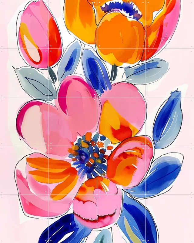 IXXI Flower Power, OTTI - 80 x 100 cm - Grote wanddecoratie en posters - Kwaststreken, Gang, Slaapkamer, Lente, Bloemen Roze / Blauw