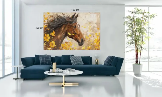 Trendex Global Canvas Schilderij - Paard met Gele Bloemen - Print op Doek - 150x100 cm Wanddecoratie Bruin