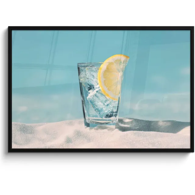 FrameYourWall Poster in lijst - Fotolijst 120x80 cm - Posters - Glas - ijsblokjes - Citroen - Posterlijst zwart - Decoratie - Wanddecoratie woonkamer - Muurdecoratie slaapkamer