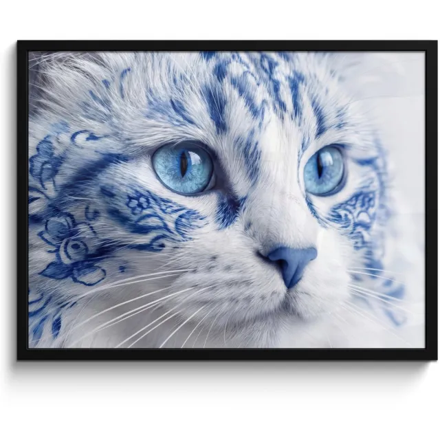 FrameYourWall Poster in lijst - Fotolijst 80x60 cm - Posters - Kat - Patroon - Blauw - Posterlijst zwart - Decoratie - Wanddecoratie woonkamer - Muurdecoratie slaapkamer