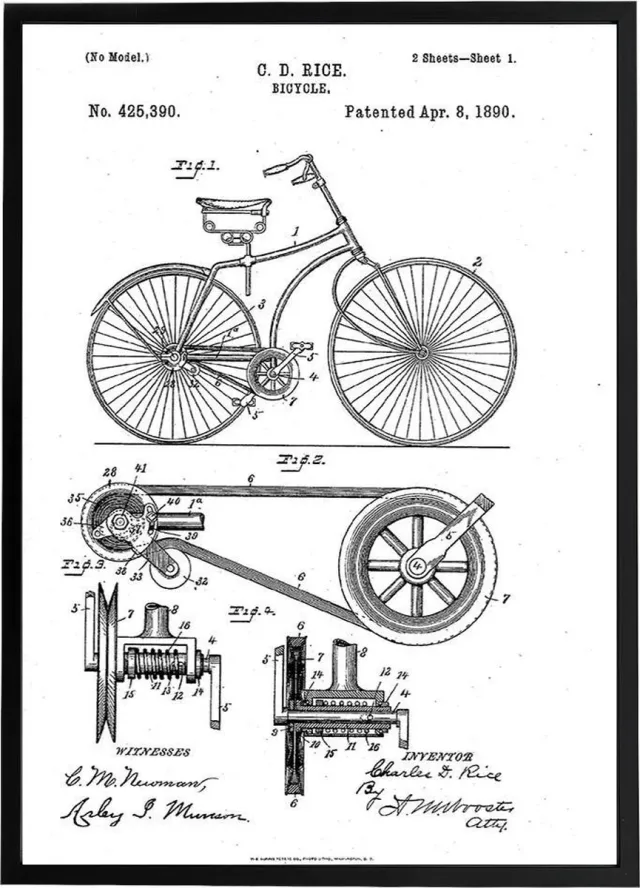 Esque Vintage Poster Patent Fiets - Charles D. Rice - Blauwdruk Retro - Large 50x70 cm - Zwart / Wit Zwart, grijs, wit