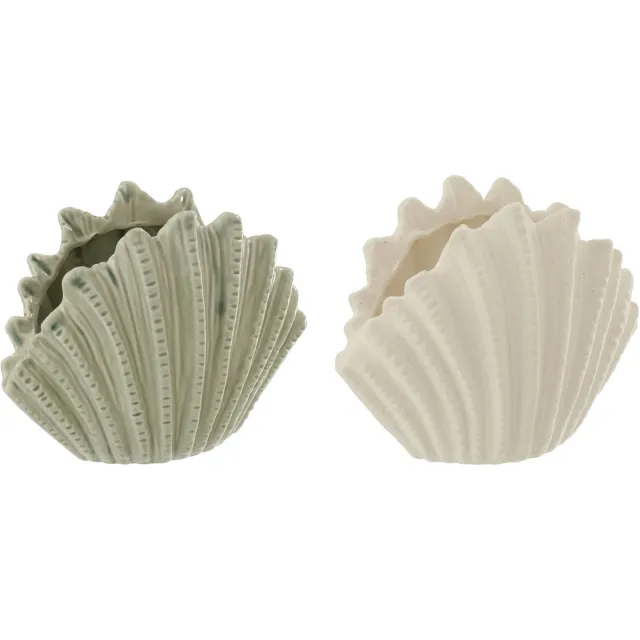 J-Line vaas Schelp - keramiek - wit/olijfgroen - large - 2 stuks