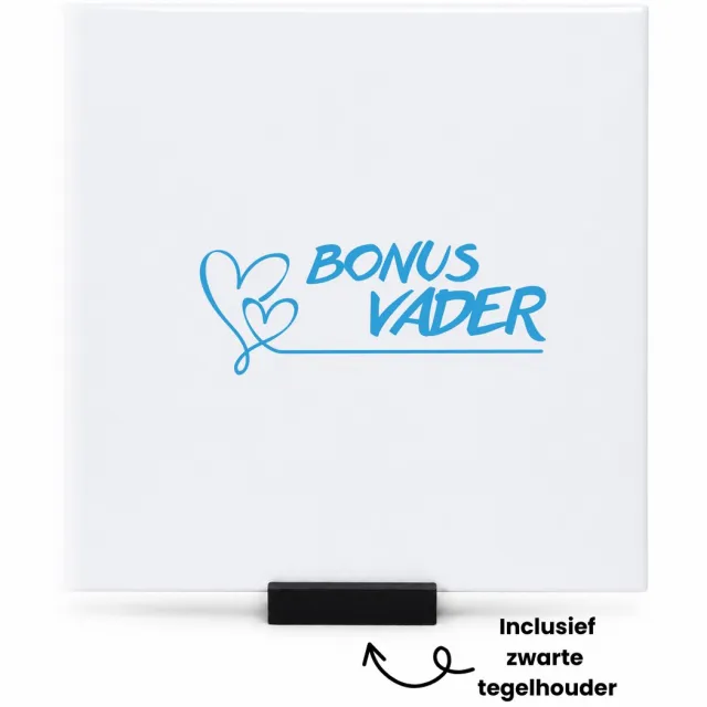 Hacebo Bonus vader met 2 blauwe harten en lijn tegeltje met tegelhouder - Vader - liefste bonusvader - tegeltjes met tekst - Vaderdag cadeautje - Cadeau voor papa - Verjaardag - Geschenk - Cadeau - Gift - spreuktegels - 15x15 CM Wit