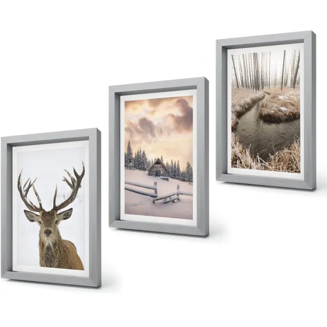 Coloray 4-Delige Schilderij Set - Winterlandschap met hertenhut en beekje - 20 x 30 cm - Muurdecoratie - Decoratieve Schilderijen - Wohnzimmer - Moderne Wanddecoratie Zilveren lijst