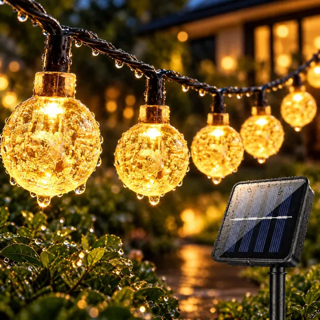 LAPAMAX Solar Lichtsnoer met Kristallen Bolletjes - 9,5 m 50 LEDs Warm Wit - Zonne-energie met 2 Lichtstanden en Automatische Schemerfunctie - Fairy Lights voor Tuin, Balkon en Terras
