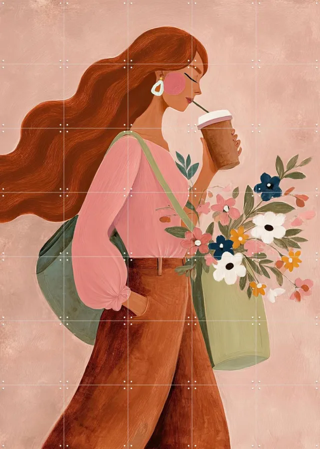 IXXI Pumkin Spiced Latte, Atelier Pommeline - 100 x 140 cm - Grote wanddecoratie en posters - Speels, Modern, Illustraties, Gang, Slaapkamer Bruin / Roze