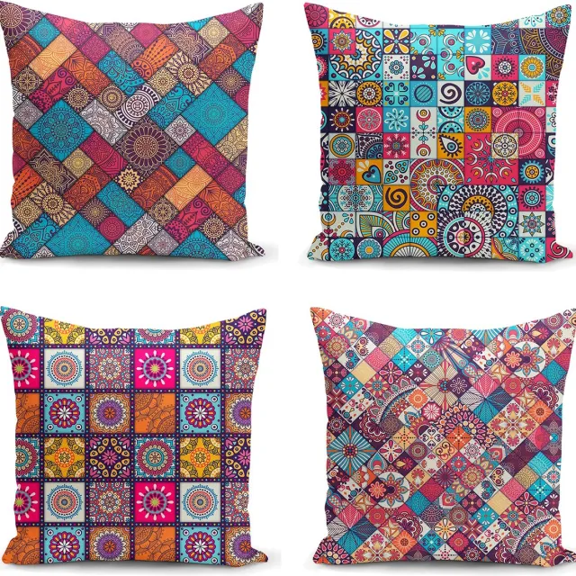 Kwube Kussenhoes 45x45 cm - Set Van 4 - Decoratieve Kussenhoes - Met Kelimmotief - Kussensloop - Kussensloop Gooien - Kussenhoesjes - Decoratief Gooi Kussen - Met rits - Zonder Binnenkussen Kussenhoes - Voor Sierkussen Multi