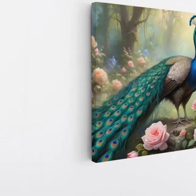 Saammp Canvas Schilderij - Pauw tussen de roze bloemen - Dieren - Natuur - 40x40 - Foto op canvas - Wanddecoratie - muurdecoratie Woonkamer - Slaapkamer decoratie - Canvas Print Multicolor