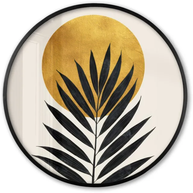FrameYourWall Poster in lijst Rond - Fotolijst 60x60 cm - Posters - Zwart palmblad - Gouden cirkel - Beige achtergrond - Ronde posterlijst zwart - Decoratie - Wanddecoratie woonkamer - Muurdecoratie slaapkamer Palmblad - Cirkel