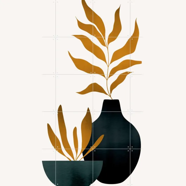 IXXI Autumn Flowers, Kubistika - 80 x 100 cm - Grote wanddecoratie en posters - Decoratieve kunsten, Minimalisme, Illustraties, Geometrische Kunst Goud / Warme kleuren