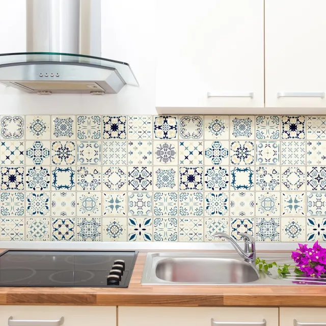 Ambiance Sticker Zelfklevende tegelmuurstickers voor keuken en badkamer - 9 cementtegelstickers (Azulejos Alfio) - 9 stickers, 10x10cm Multi color
