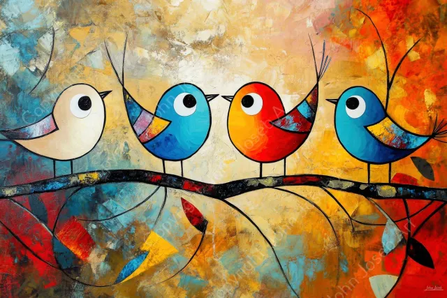 John Joseb Art (Glas) 90x60 | Vogels op een tak, abstract, kleurrijk, kunst | bruin, blauw, rood, dier, modern | Foto-schilderij-glasschilderij-acrylglas-acrylaat-wanddecoratie Acrylglas, dikte 5 mm