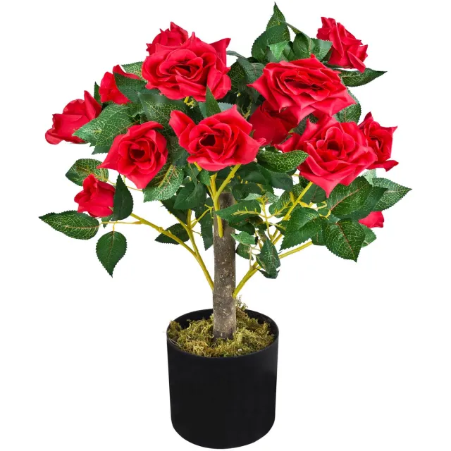 Decovego Kunstroos met bloemen, rood, echt hout, 50 cm, kamerdecoratie, realistische plant in pot, Decovego