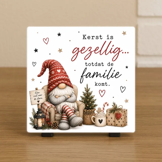 CreaCraft Wenstegeltje "Kerst is gezellig totdat de familie komt." - Tegeltjes met tekst - Cadeau voor familie, vriend, vriendin, collega, kerst, feestdagen of zomaar – Spreuktegeltje - Brievenbus cadeau - CreaCraft - Incl standaard