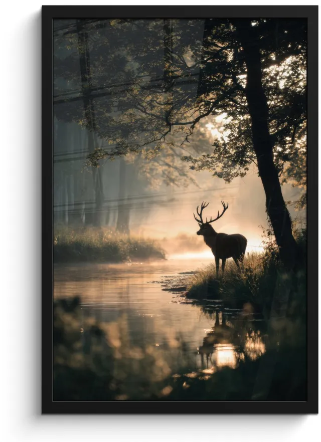 FrameYourWall Poster in lijst - Fotolijst 40x60 cm - Posters - Hert - Bosbeek - Mystiek - Posterlijst zwart - Decoratie - Wanddecoratie woonkamer - Muurdecoratie slaapkamer