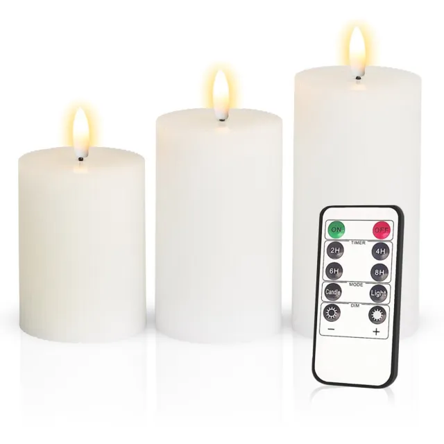 Meisterhome 3 x Led Stompkaars Ribbel - Wit – Stompkaars Echte wax - Led kaarsen - 10 / 12.5 / 15 cm Hoog - Met afstandsbediening – Timer 2/4/6/8 uur - Dimbaar