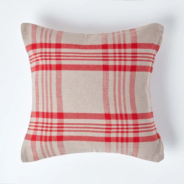 Homescapes Rood Grijs Tartan Katoenen Kussenhoes 60 x 60 cm
