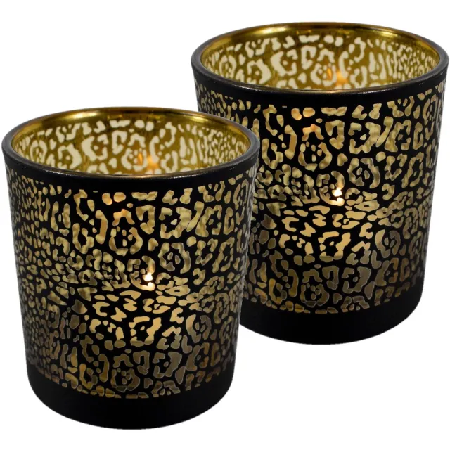 Mars & More Theelichthouder - Set van 2x stuks - mat zwart - 18 cm - jaguar print - glas - waxinelichthouder - Windlichtjes/kaarsenhouders