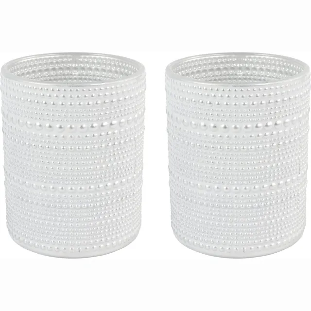 Countryfield Luxe theelichthouder - 2x stuks - Aurora - glas - parel wit/zilver - D8 x H10 cm