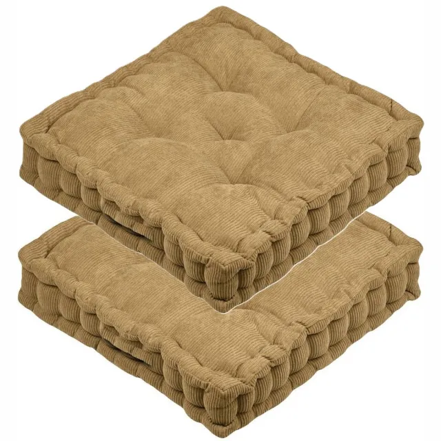 Stof Textile Vloerkussen Ribcord - 2x - camel - polyester - 45 x 45 x 10 cm - vierkant - Extra dik - extra zitplaatsen - spelen - gamen - relaxen Camel bruin