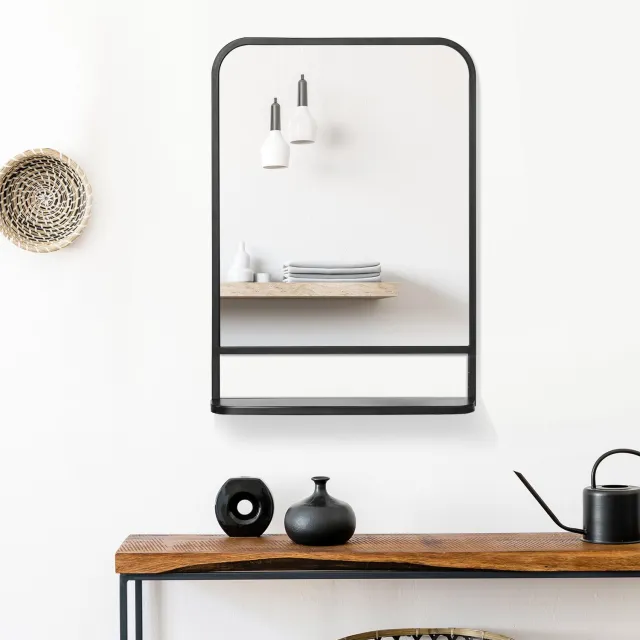WUVRIE Wandspiegel met plank 70x50 cm - Met metalen frame en wandmontage - Zwart