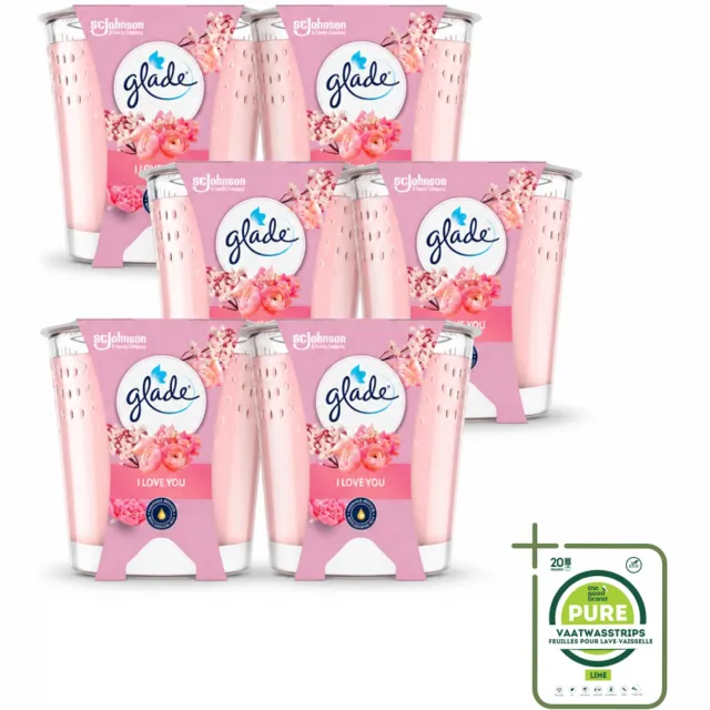 Glade 6 x Glade - Geurkaars I Love You - 100% Raapzaadwas & Vegan - 112 g - Grootverpakking - Vaatwasstrips - Geurkaars - Vegan - Bloemige Geur - Meloen - Perzik roze