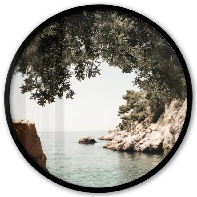 FrameYourWall Poster in lijst Rond - Fotolijst 40x40 cm - Posters - Rotsen - Zee - Boom - Groen - Ronde posterlijst zwart - Decoratie - Wanddecoratie woonkamer - Muurdecoratie slaapkamer