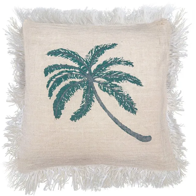 Ancient Wisdom Kussen - Linnen kussen 45 x 45 cm met palmboom en franjes - decoratie - interieur - woonaccessoire - sierkussen - kussen multicolor