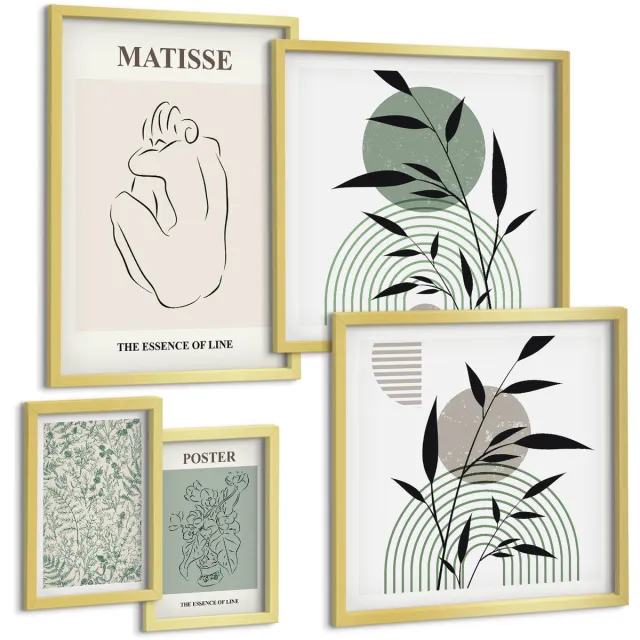 Coloray 5-Delige Schilderij Set - Stijlvolle Afbeeldingen Met Plantmotieven En Lijnen. - 50 x 50 cm, 20 x 30 cm En 40 x 60 cm - Wanddecoratie - Moderne Interieurdecoratie - Moderne Wanddecoratie Gouden lijst