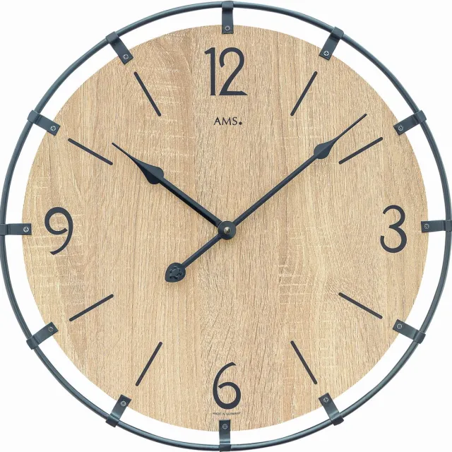 AMS W9616SO - Wandklok - Analoog - Rond - Hout - Metaal - Cijfers - Streepjes - Bruin - Zwart - D 40 x 3 cm