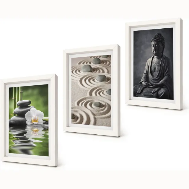 Coloray 3-Delige Schilderij Set - Ontspannend uitzicht op Boeddha, strandstenen en bamboe. - 20x30 - Wanddecoratie - Schilderijen Set - Interieur - Decoratieve Schilderijen Witte lijst