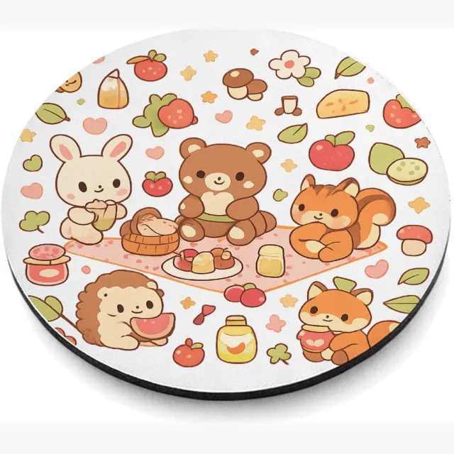 Mr Cadeautjes MDF magnetische fotolijst rond Ø 9,5 - design Een vrolijke set kleine bosdieren die samen picknicken tusse | cadeau Wit
